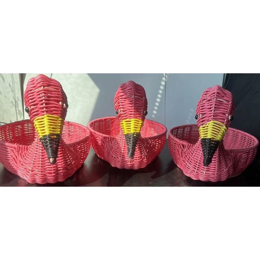 3 Flamingo Resin Wicker Pink Decor Baskets Centerpiece Indoor/Outdoor
